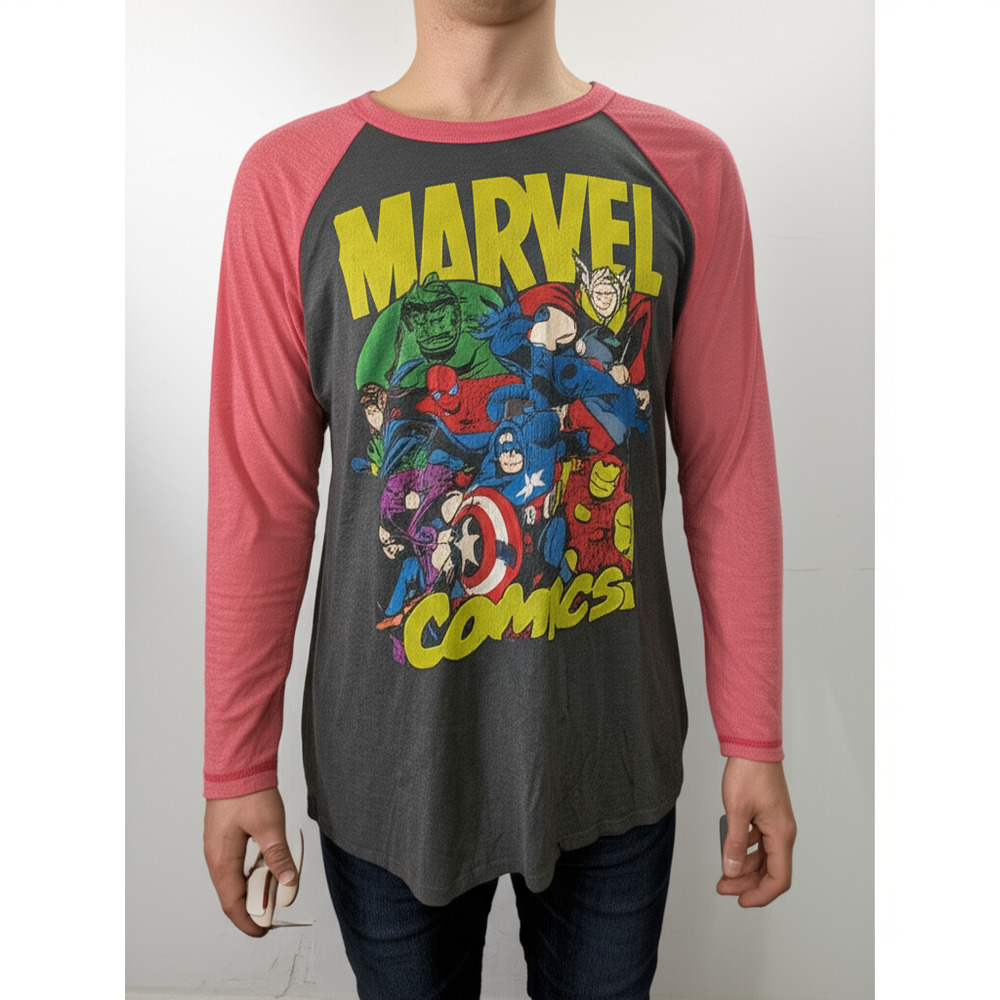 Marvel Mens Raglan Tee‎ Size MD Grey Red Superhero Graphic All Characters Comic
